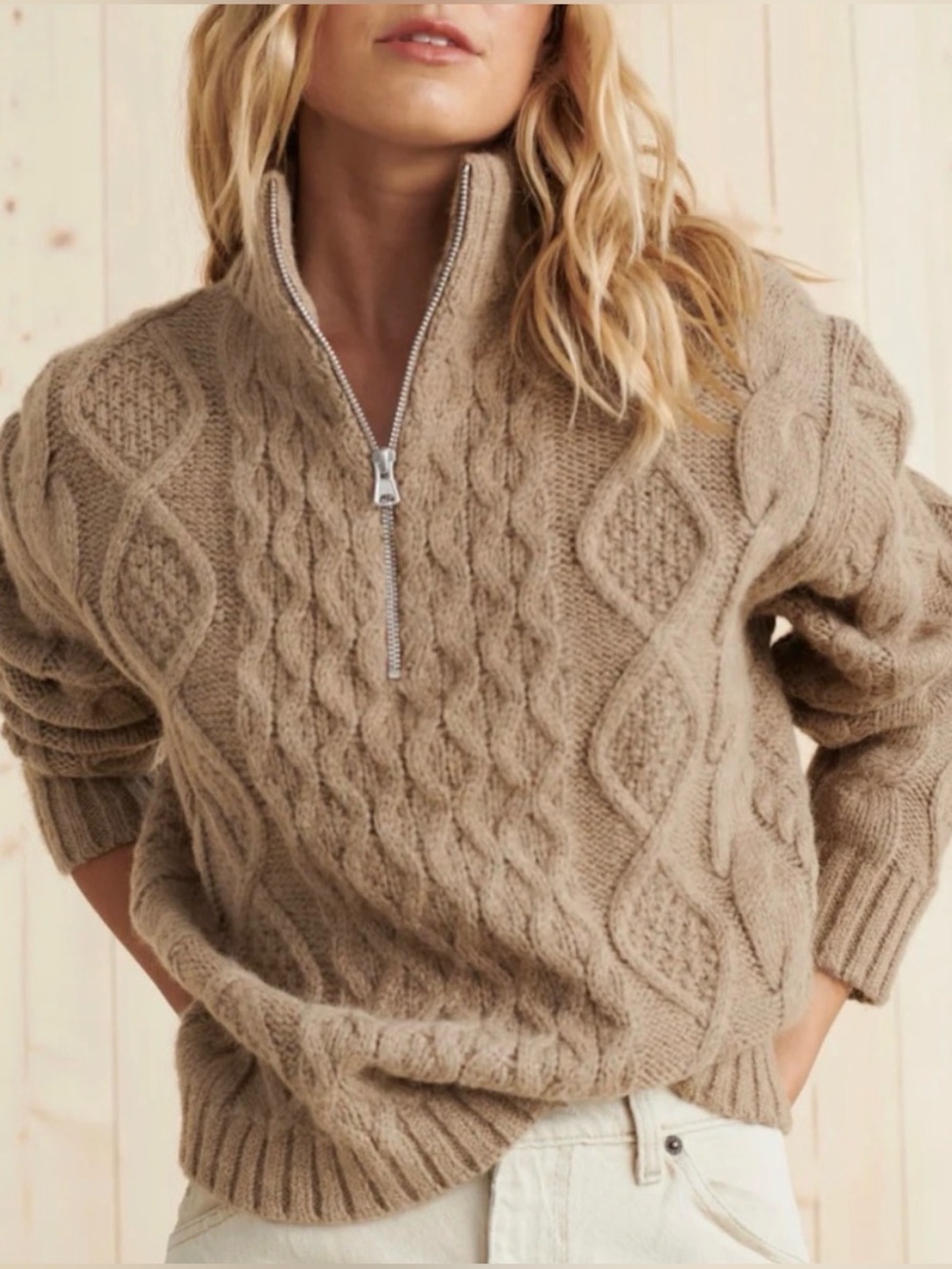Jenni Kayne Taupe Cable Half Zip Knit Turtleneck Sweater